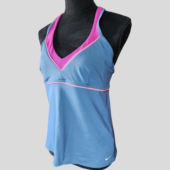 NIKE SWIM TOP (14) Women's Racerback V-Neck Blue/Pink Swim Top - Picture 1 of 7
